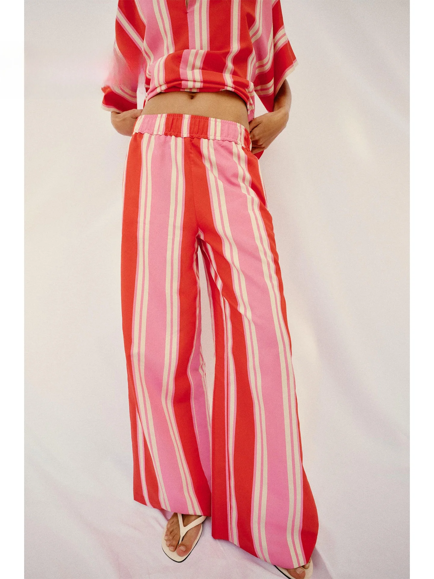 

Summer 2026 Women's Casual Loose Color Block Vertical Stripes Elastic Waist Wide Leg Long Pants Comfortable Loose Style Trousers