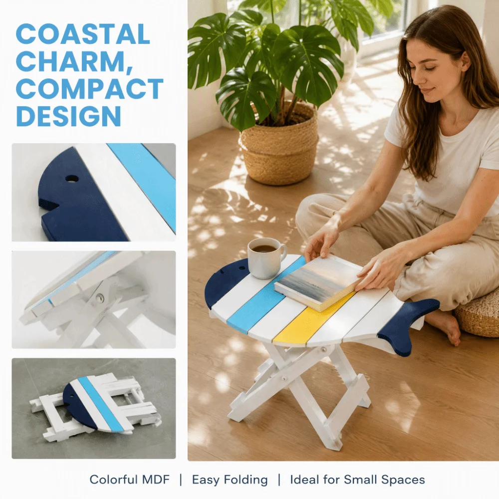 Distressed Solid Wood Folding Side Table Painted Wood Colorful Wooden Accent Coffee Table Hand Painted Nautical