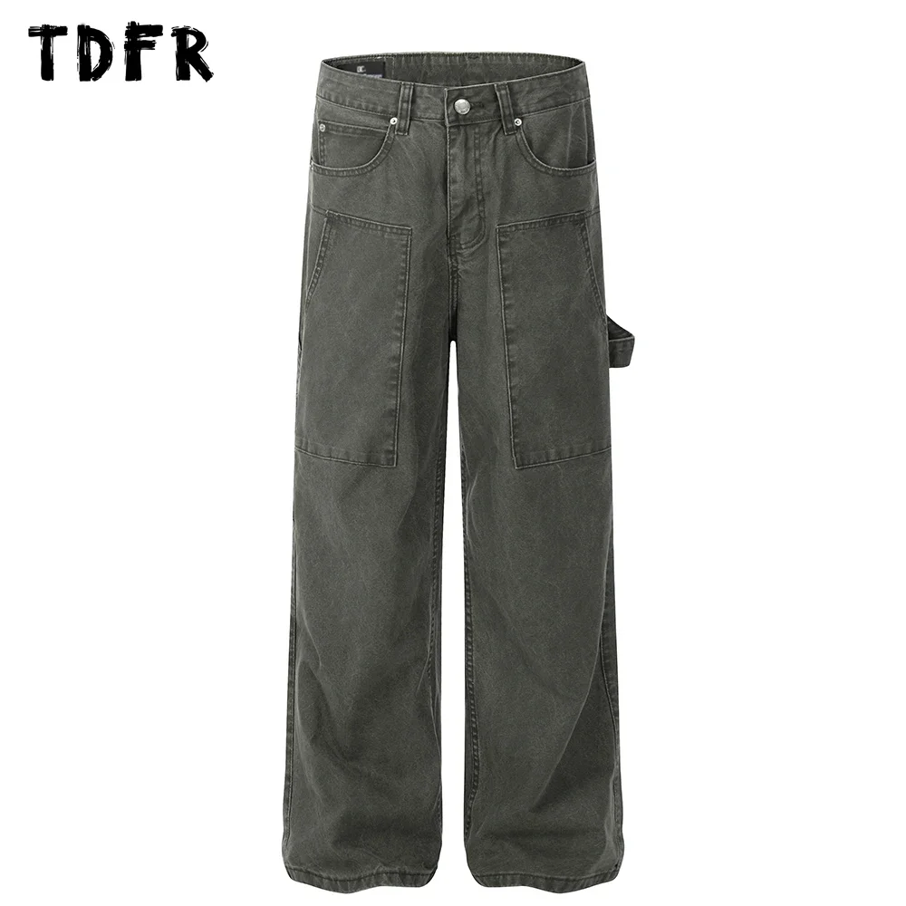 

Washed Distressed Carpenter Denim Pant Mens Spliced Pocket Retro Streetwear Loose Straight Wide-leg Jeans Men