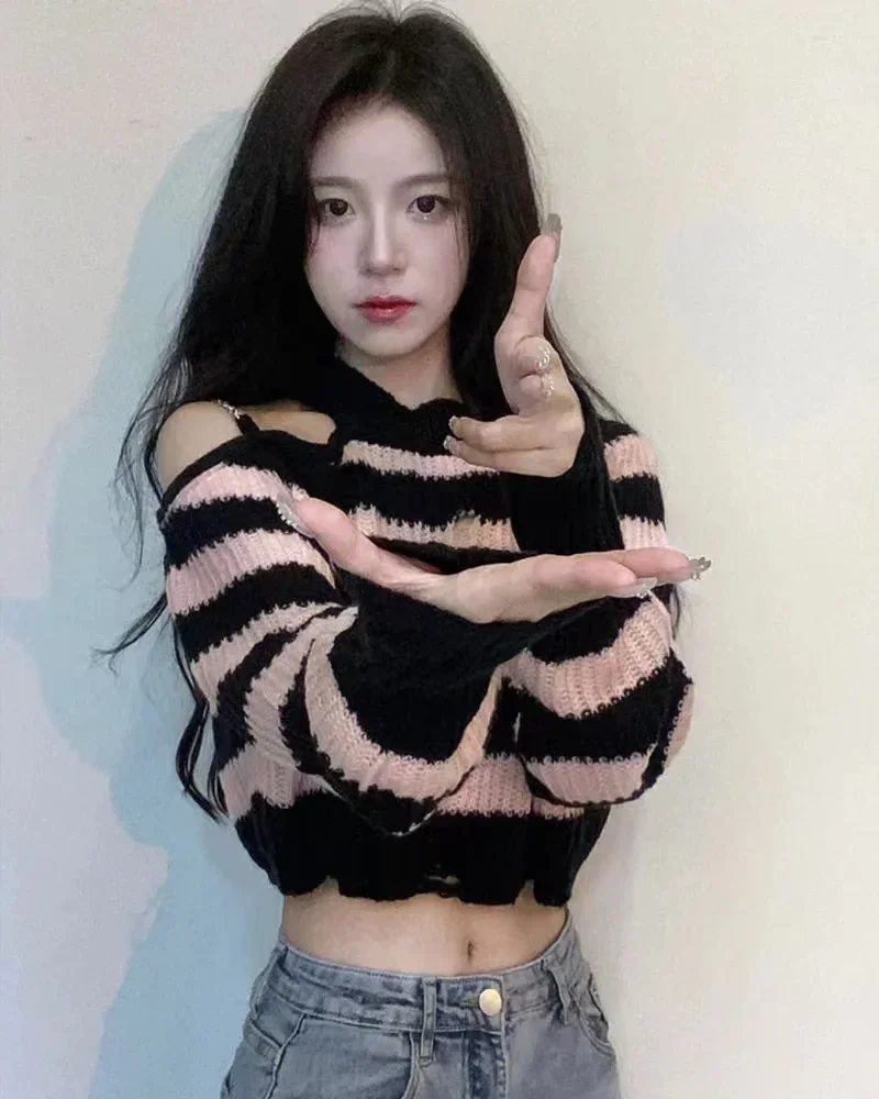 Chains Off Shoulder Pullovers Hollow Out Sweaters Pink Black Striped Knitted Crop Tops Y2k Long Sleeve High Waist Women Korean