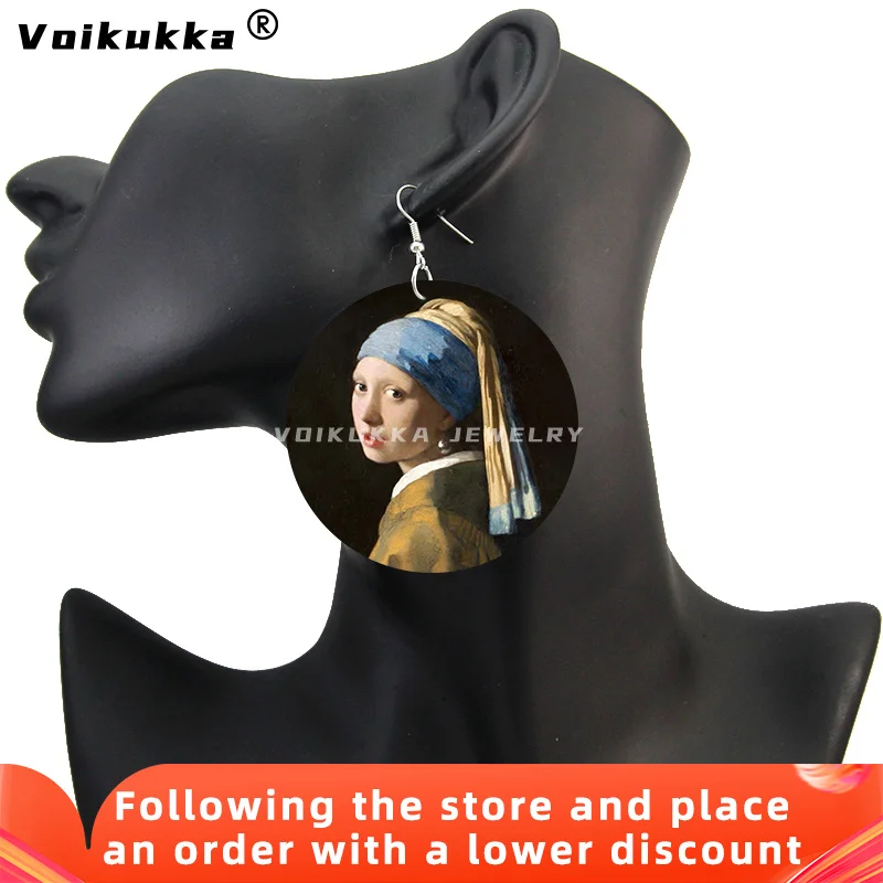 Oil Painting Mona Lisa Van Gogh The Starry Night Girl With A Pearl Earring Pattern Wood Both Sides Printing Women Earrings Gifts