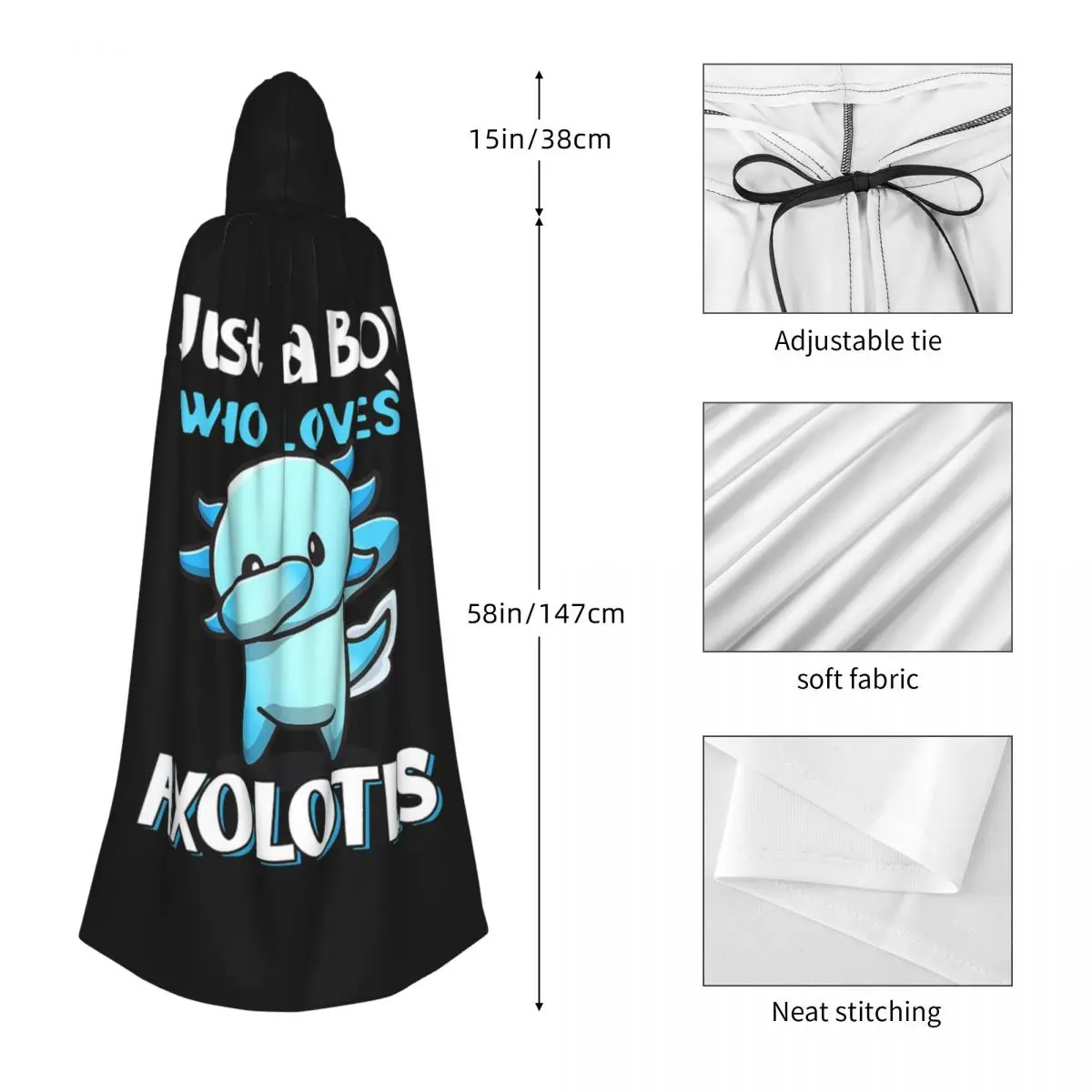 مجرد صبي يحب Axolotls عباءة طويلة بقلنسوة ساحرة القرون الوسطى زي تنكري كيب HalloweenParty الكبار للجنسين