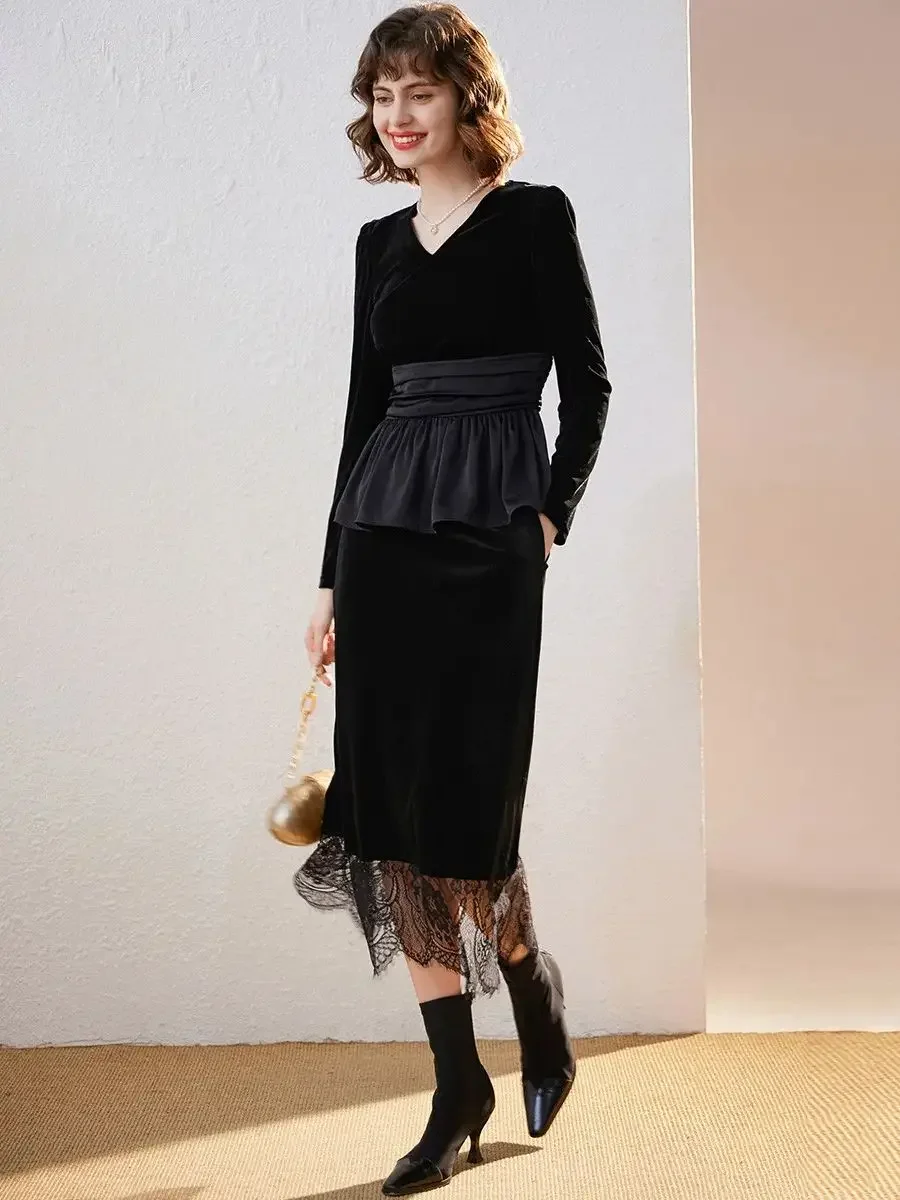 LOUIS YAO Women Velvet Top 2023 Autumn Vintage V-neck Long Sleeve Shirt Spliced Hem Design Women Tops