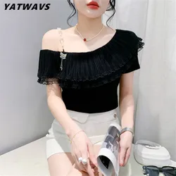 Streetwear Summer New Chic Sexy Single Shoulder Pearl Suspenders T-shirt Elegant Women Bow Diamonds Tees Sweet Girl Slim Tops