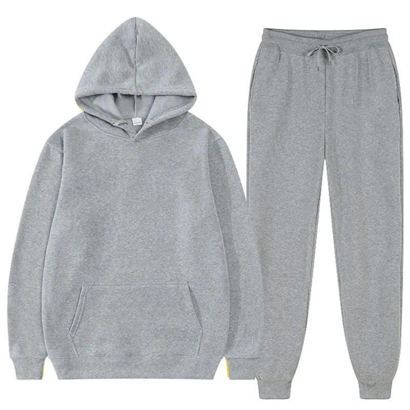 Men Sets Sweatshirts Solid Hooded Hoodies Pencil Pants Two Pieces Ankle Length Pant Pockets Elastic Waist Casual Winter