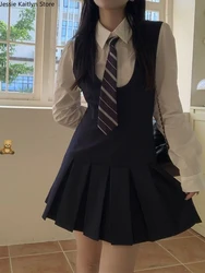 Mulheres Japão Kawaii Uniforme de Estudante Escolar, Coreano Menina Bonita JK Cosplay, Camisa Branca, Conjuntos de Vestido Deslizamento Plissado, Novo, Outono