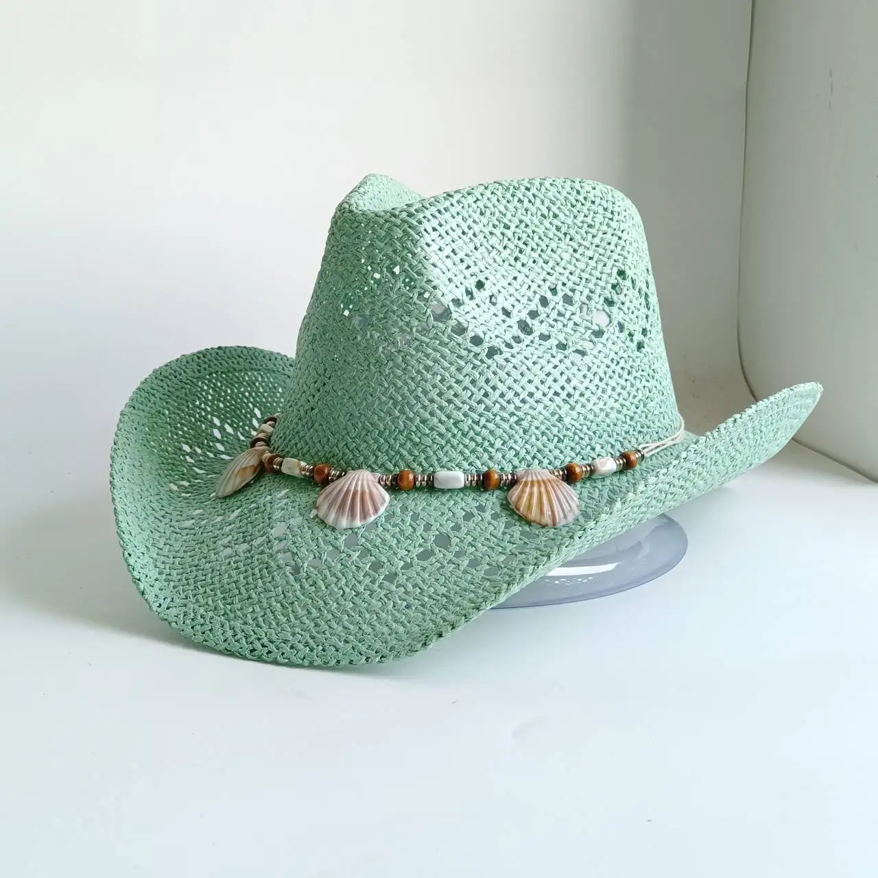 Hortelã verde chapéu de cowboy artesanal chapéu de palha de cowboy masculino verão ao ar livre viagem praia chapéu unisex cor sólida ocidental chapéu cowboy