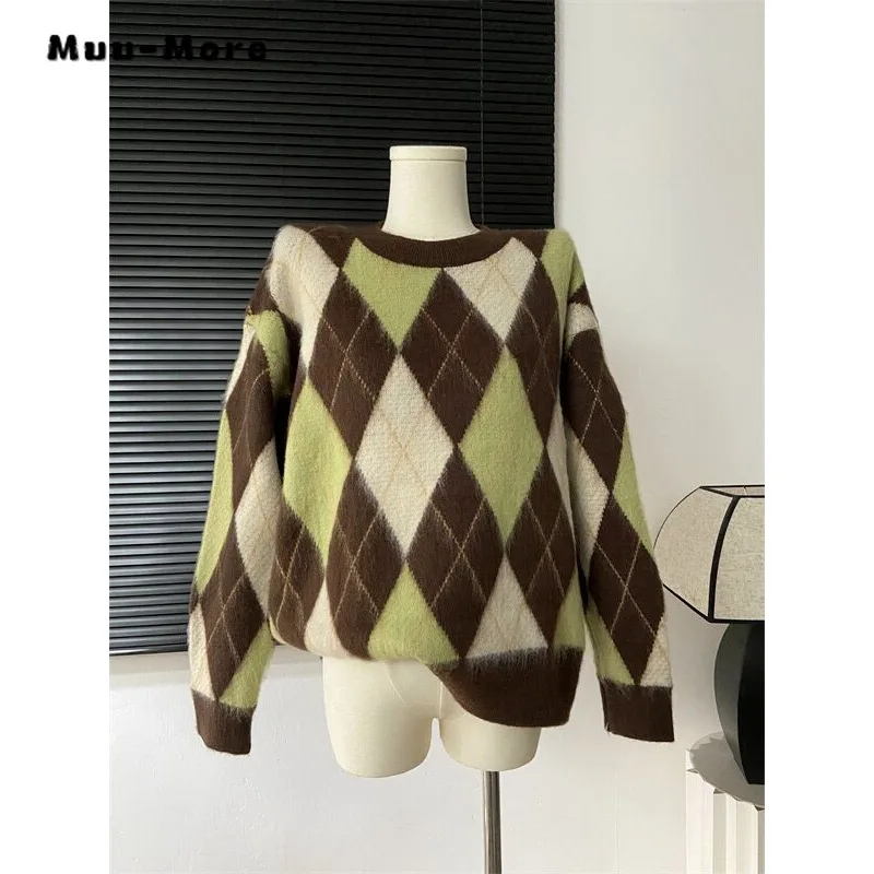 

Women's Vintage Plaid Knitting Long Sleeve Casual Pullovers 2023 Autumn Fashion Round Neck Ladies Winter Loose Sweater Top