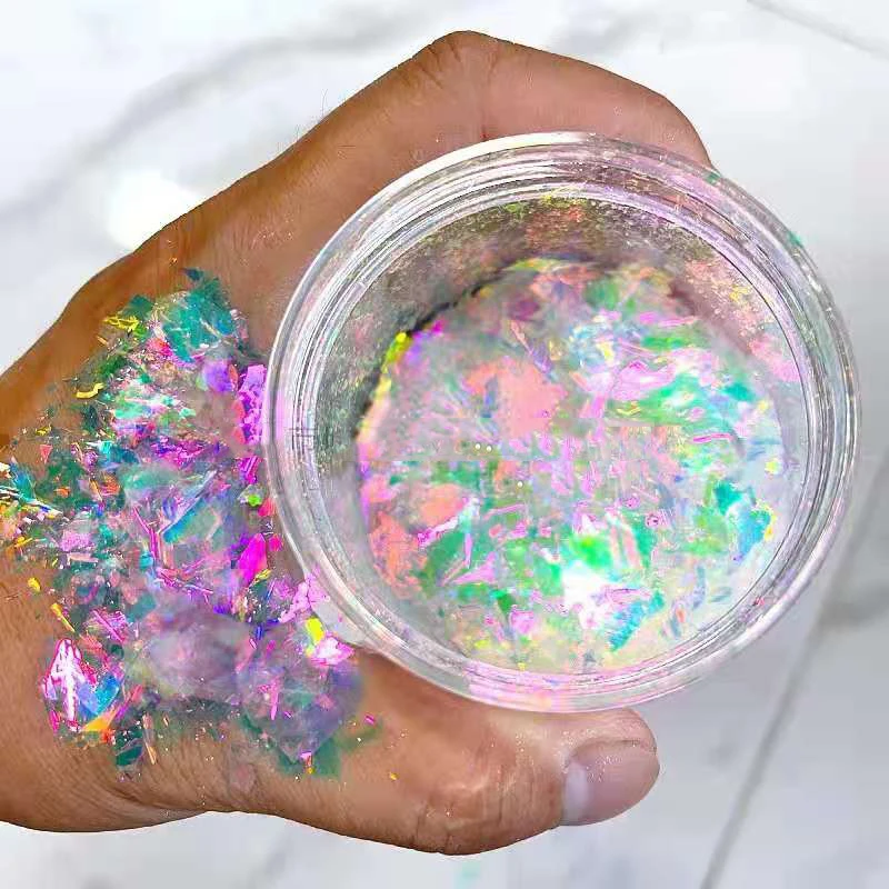 

2021 Ultra-Thin Iridescent Flakes Color shift Holographic Opal Fire Nail Art Acrylic Glitter Pigment Powder Fire Opal Flakes 1pc