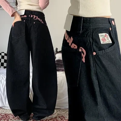 Cute Embroidered Letter Pink Denim Pants Wide Leg Loose Fit Women's Jeans Natural Waist Long Trousers Outdoor Casual Cotton