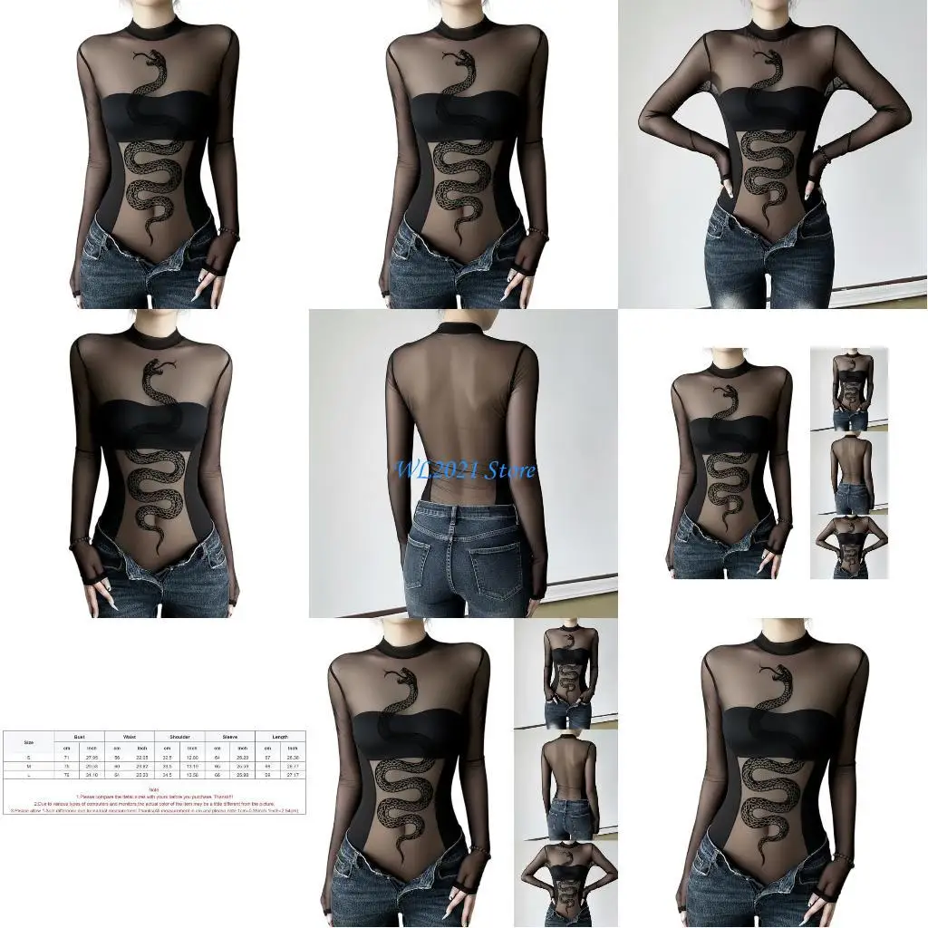 

G5GC See Through Mesh Bodysuit Snake Print Design Long Sleeve Mock Neck Jumpsuit Sheer Letoard Top for Women Clubwear