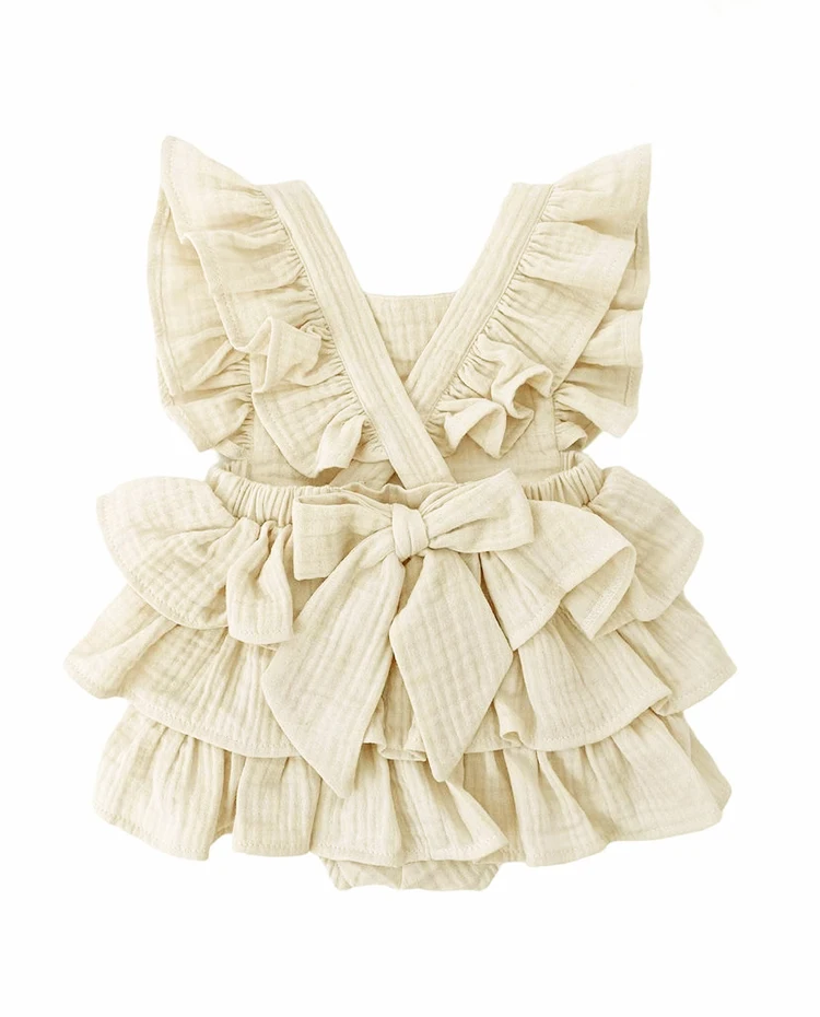 Baby Girl Cotton Criss-Cross Romper Vintage Todder Kid Princess Ruffles Layered Dress Bodysuit  Children Rompers Jumpsuits 4T