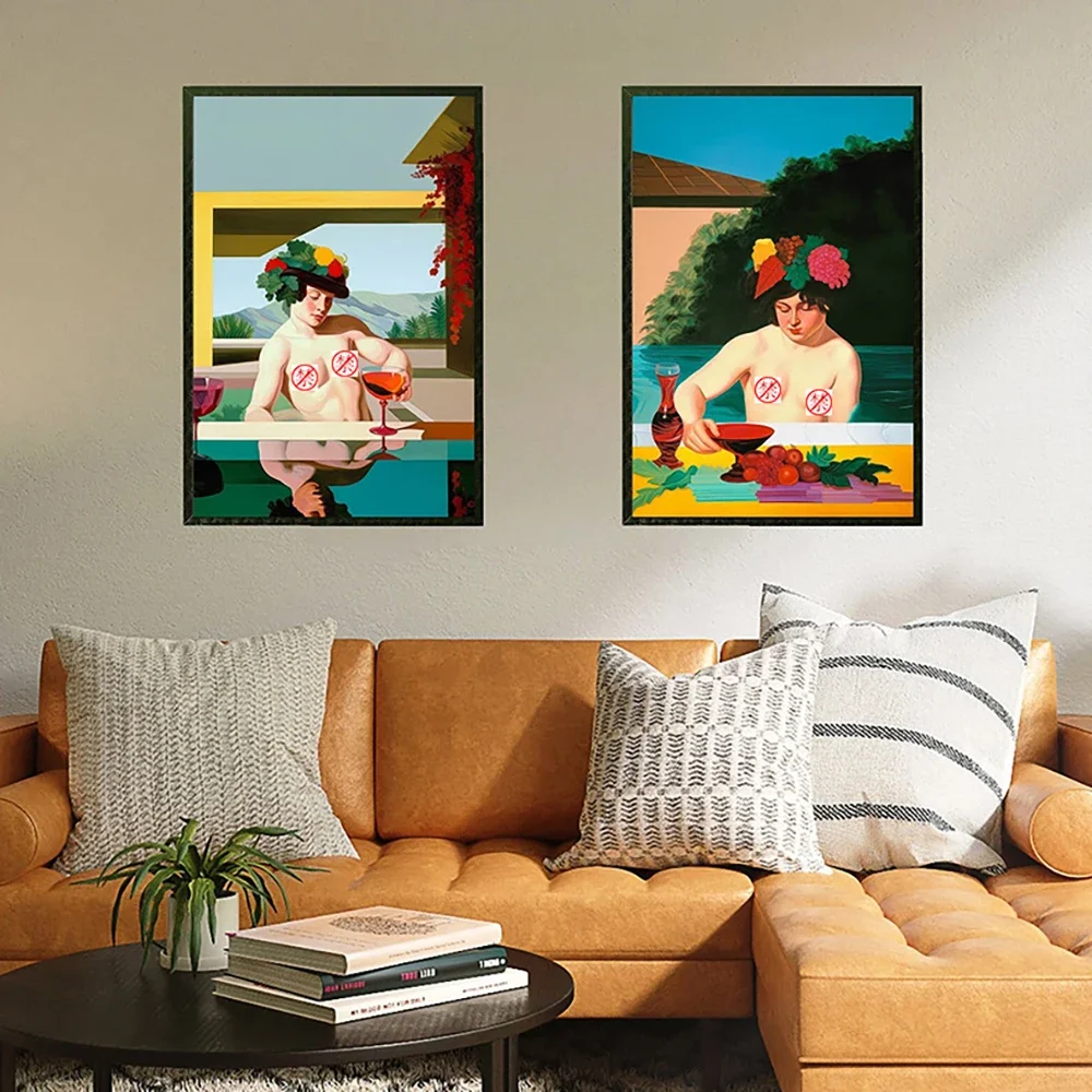 Bacchus Pop Art Style Perform Quirky Poster Print Abstract Portrait Half Body Nudity Retro Canvas Painting Livingroom Home Decor