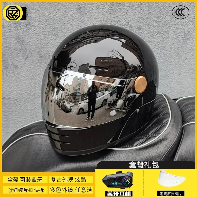 ORZ Men Women Retro Full Face Motorcycle Helmet 3C Certified Bluetooth Slot Four Season Winter Personalized Motorbike Scooter