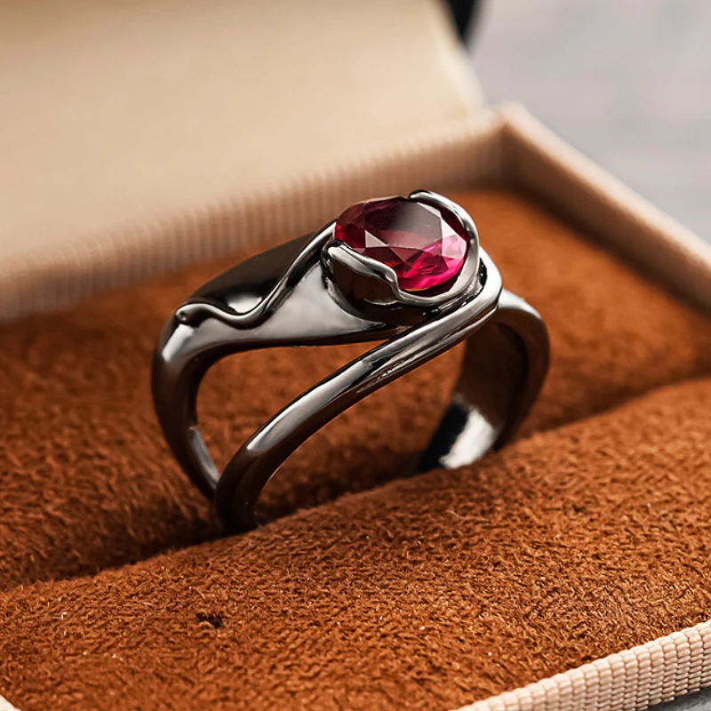 Huitan Vintage Twist Unregelmäßige Runde Rote Zirkonia-Ringe für Damen Schwarz Gunmetal Beschichtet Täglicher Party-Schmuck Einzigartiger Damenschmuck – Detail 6