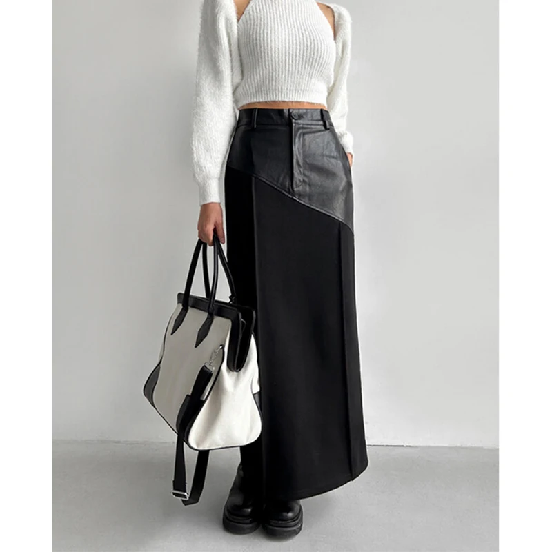 

Elegant Black Slit Midi Skirt Women Fashion Pu Leather Patchwork Hip Wrap Skirts Winter Korean Split Design Slim A Line Faldas