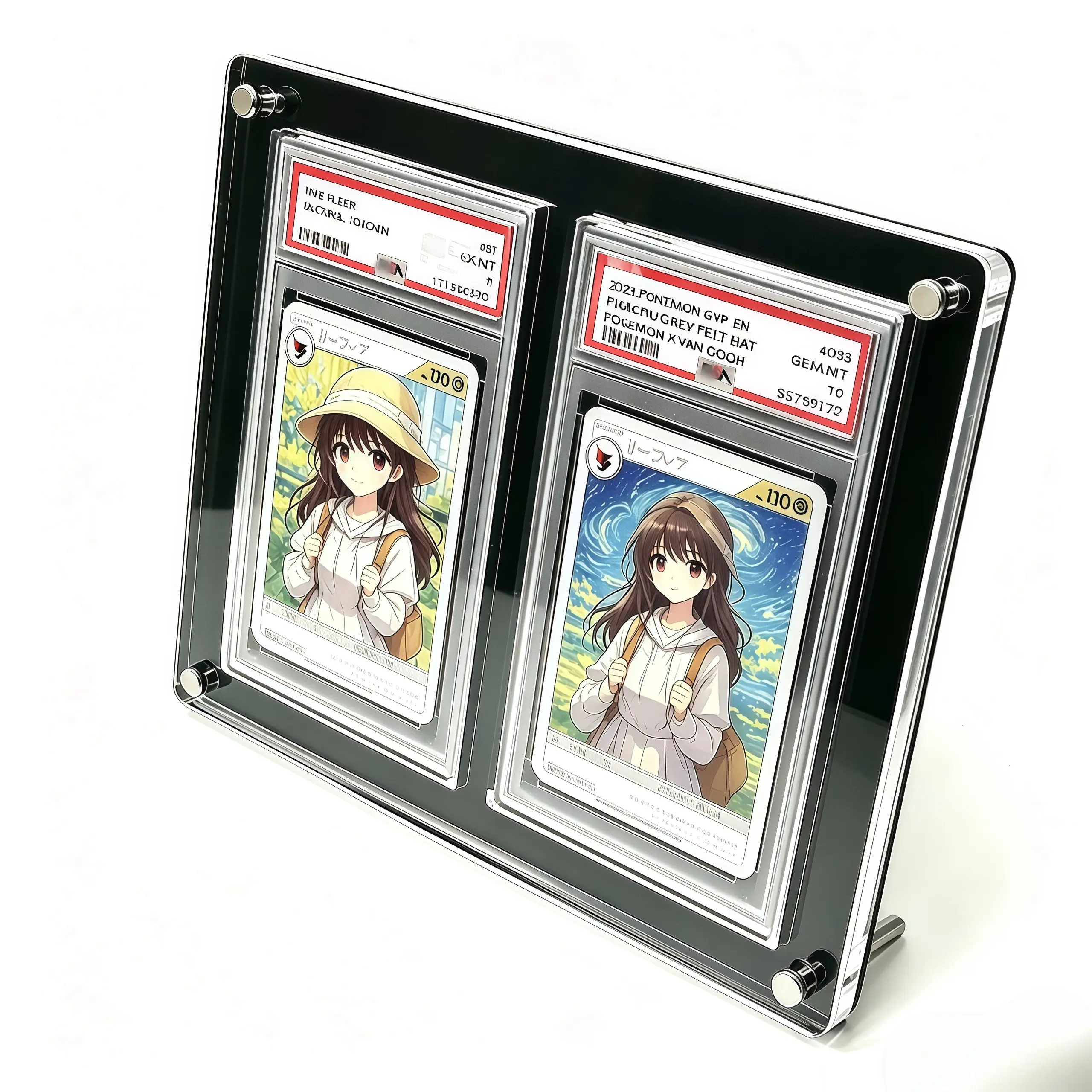 

2-Slot Graded Card Stand Black Acrylic Display Holder for PTCG Rating Card Pokemon Yu-Gi-Oh Trading Cards Crystal Clear Edges