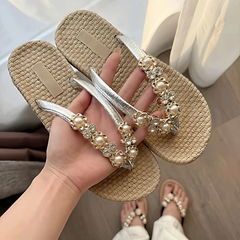 Women Rhinestone Pearl Straw Flip Flops Boho Crystal Jeweled Flat Thong Sandals Chic Woven Sole Plus Size Vacation Beach Shoes view 3