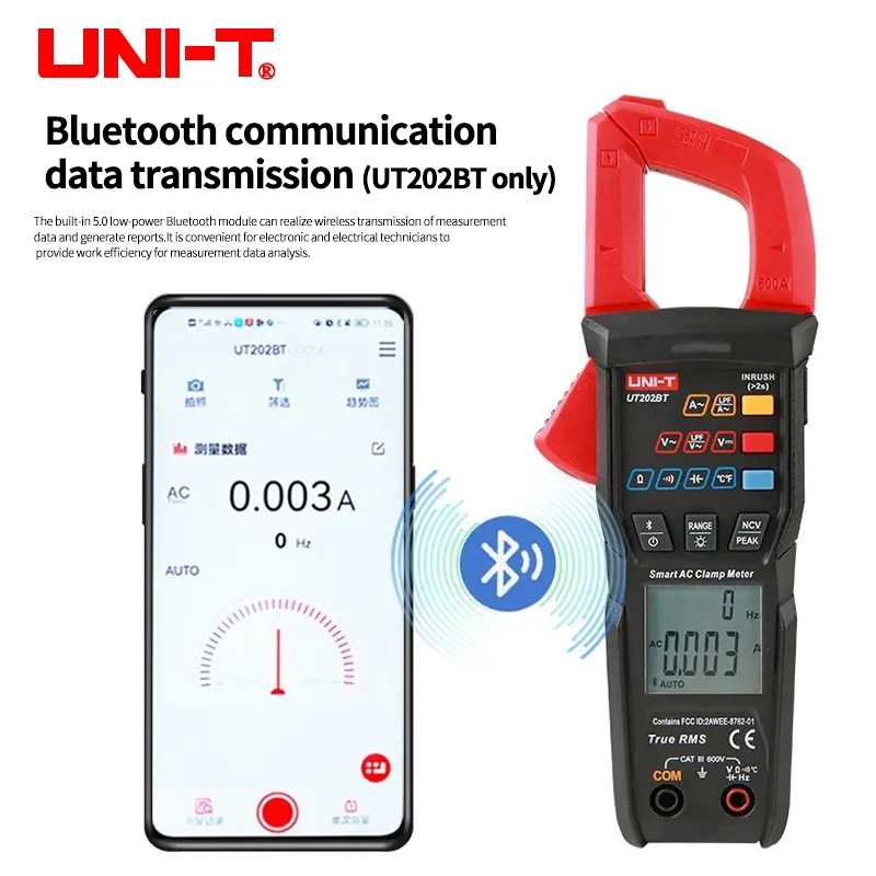 UNI-T Nuovo Pinza amperometrica digitale UT202S UT202BT Connessione Bluetooth 600A AC/DC Tensione di corrente 9999 Conteggi TRMS NCV Amperometro Tester