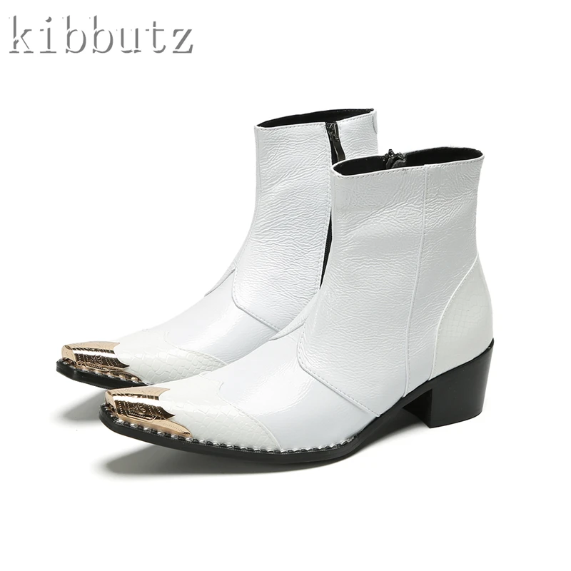 Men's New Leather Chelsea Boots White Cowhide Metal Toe Rivets High Heel Ankle Boots Fashion Wedding Party Dress Shoes