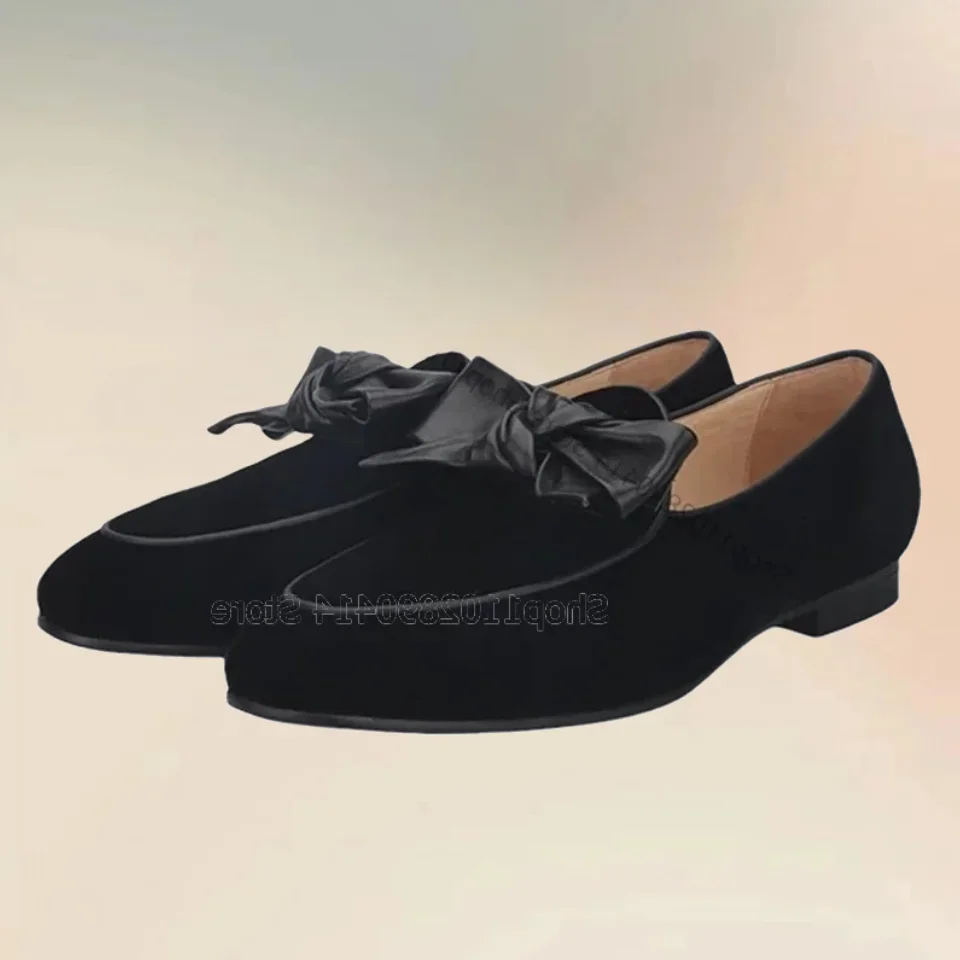 

Black Leather Bow Knot Decor Flock Loafers Fashion Slip On Men Shoes Luxury Handmade Party Feast Banquet Office Men Casual Shoes