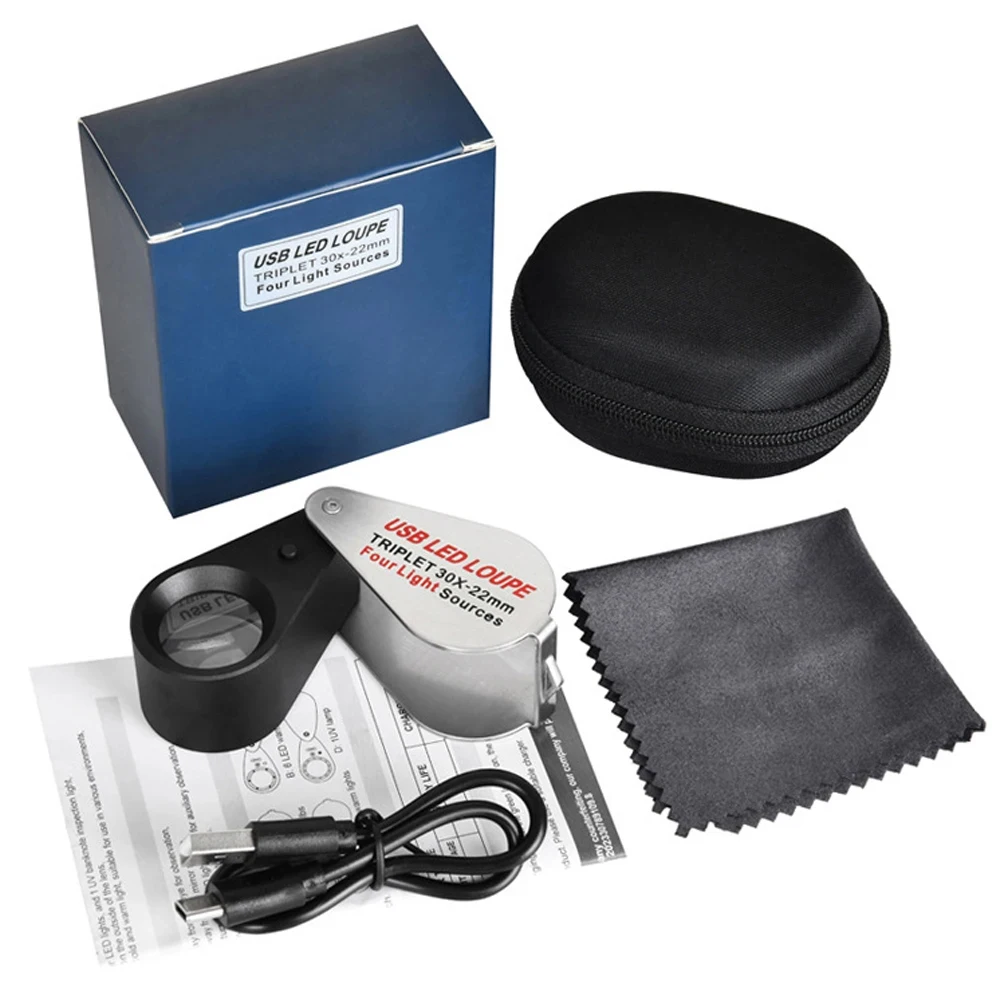 Lente d'ingrandimento per gioiellieri 10X 20X 30X con luci UV e LED con quattro modalità di luce Lente d'ingrandimento per gioielli pieghevole tascabile portatile