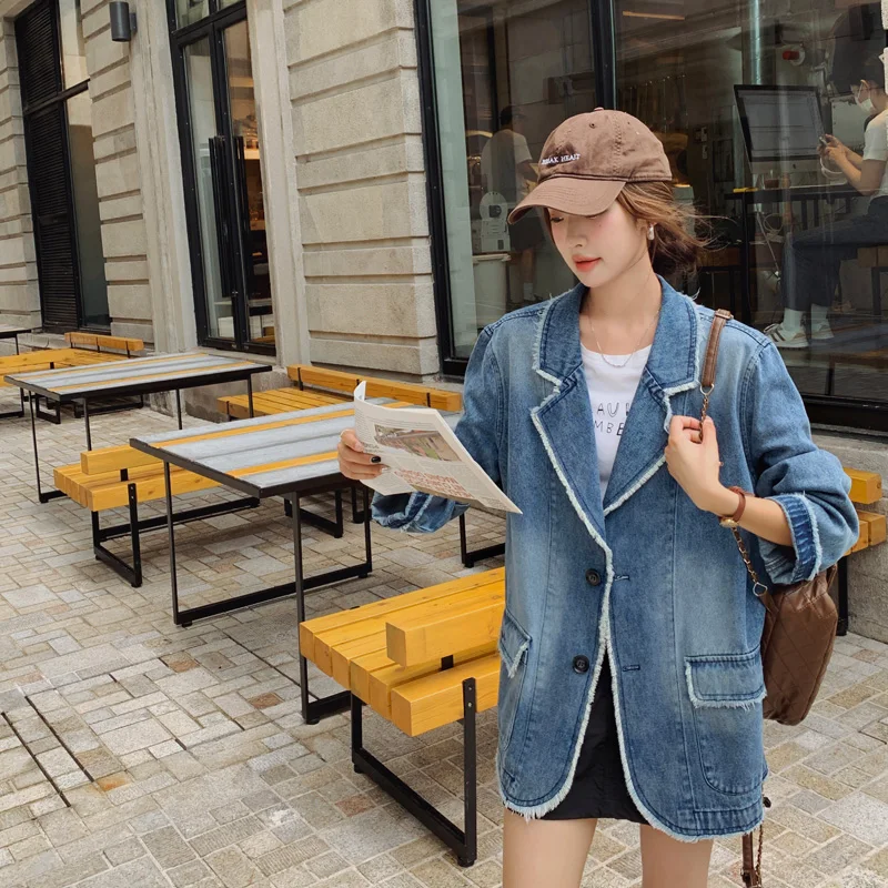 Raw Edge Suit Collar Denim Jacket Blazers Women 2023 Autumn New Single Breasted Streetwear Trendy Loose Coat Outerwear 8313