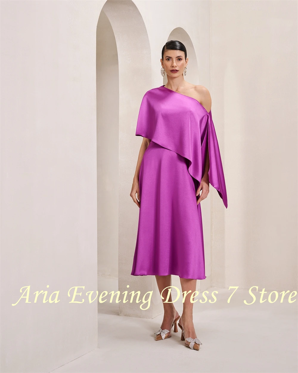 Customized  Graceful One Shoulder Evening Dress Temperament Ruched Sleeves Party Dress Classic A-Line Knee Length Celeb