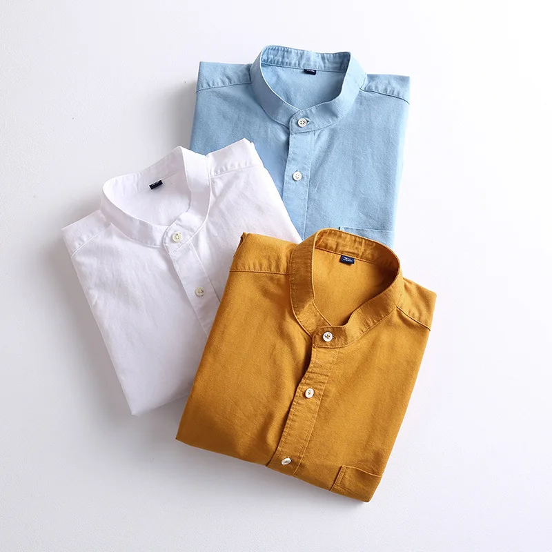 2023 Summer New Men's Shirt Pure Cotton Oxford Textile Wrinkle Resistant Casual Shirt Standing Collar Long Sleeve Shirt for Men