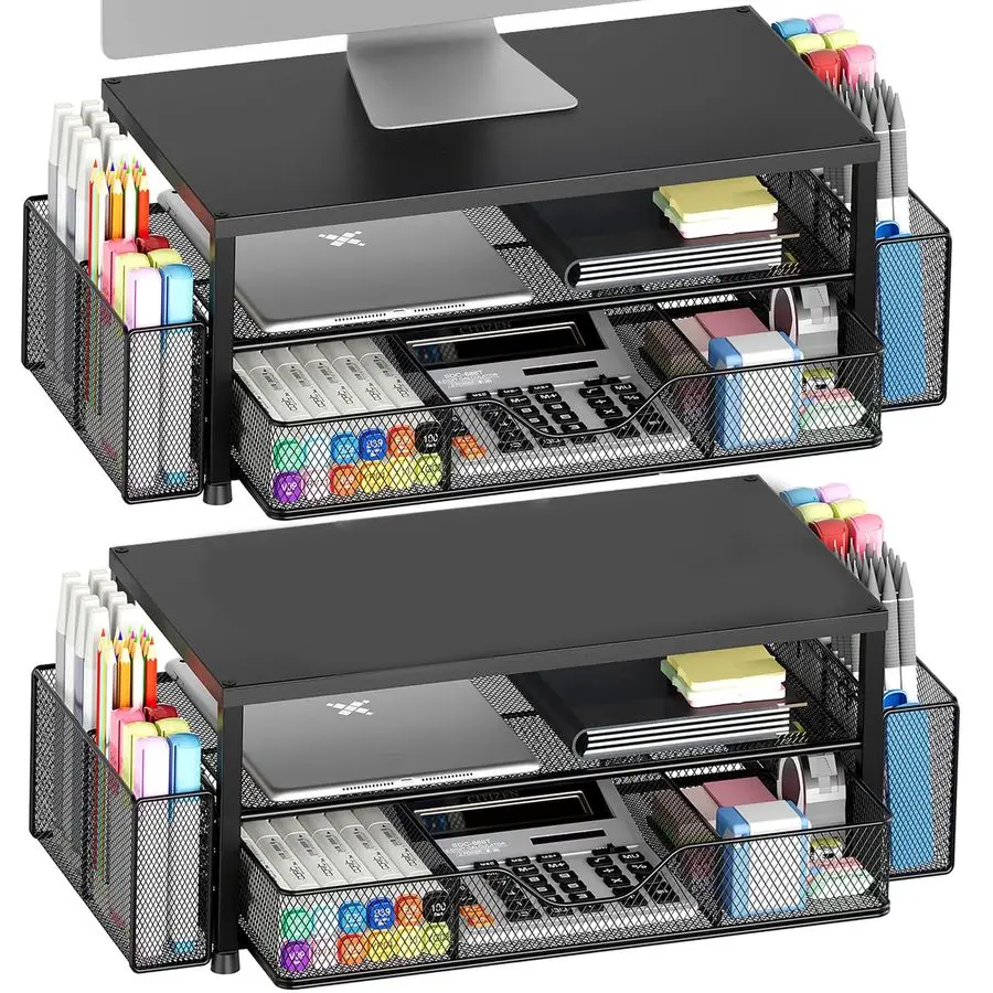 

Органайзер для стола и аксессуары, 2-уровневая подставка для монитора с выдвижным ящиком и 2 держателями для ручек, подставка для ноутбука, аксессуары для офисного стола