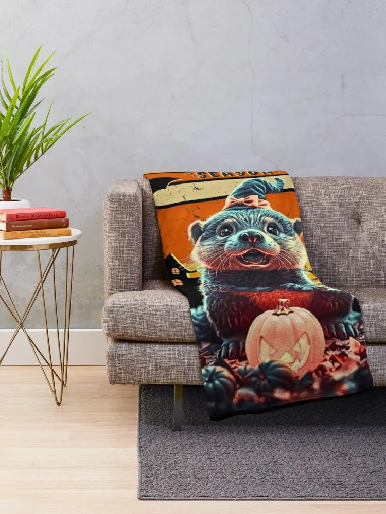 Cute Otter Halloween Spooky Season Throw Blanket Decorative Beds blankets and throws Blankets