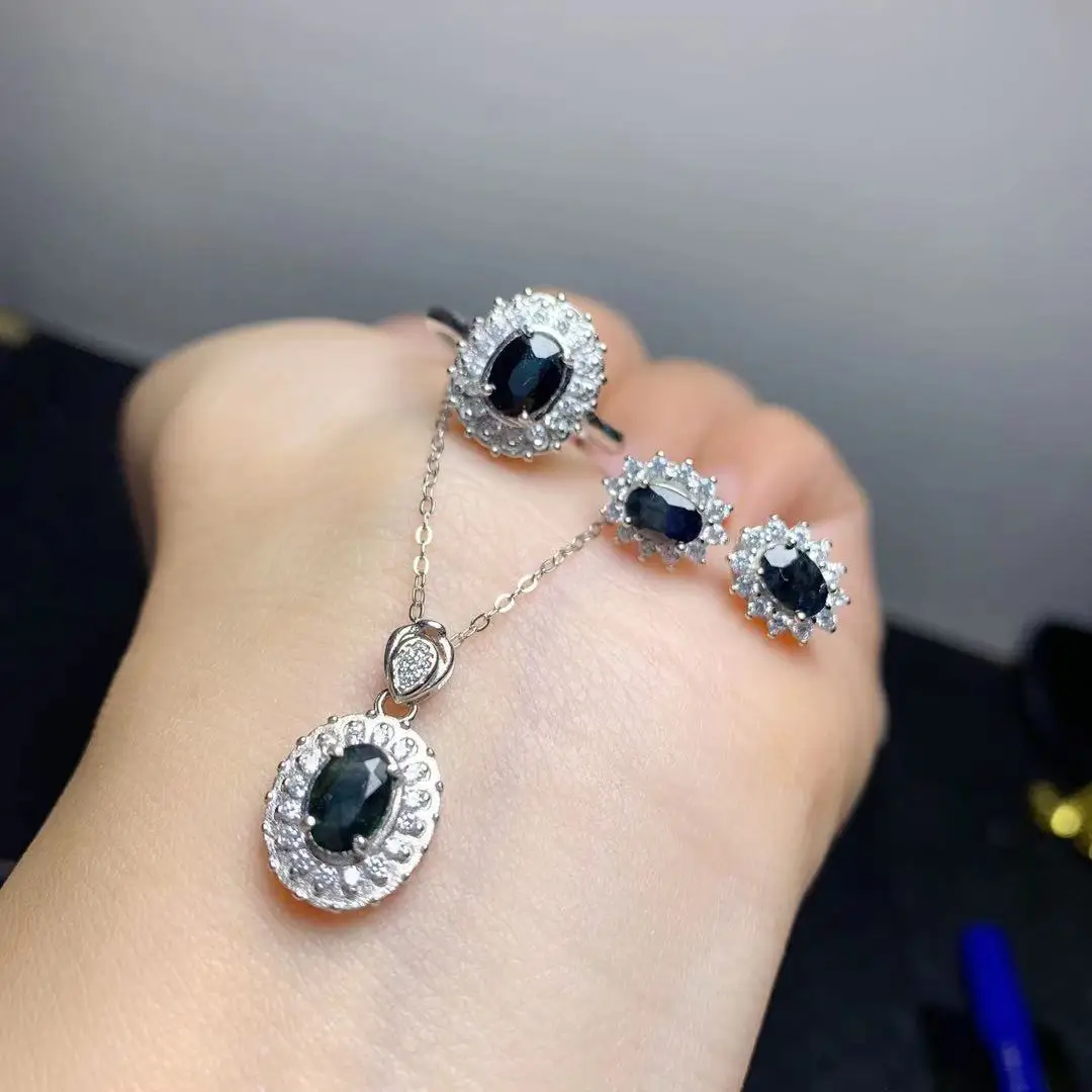 100% Natural Black Sapphire Jewelry Set for Party 5mm*7mm and 4mm*6mm Chinese Black Sapphire Ring Earrings Pendant 925 Silver