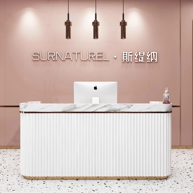 Contadores de caja modernos de lujo ligeros, contadores de caja en forma de arco para peluquería tipo mármol, muebles de recepción Cajero JT40C