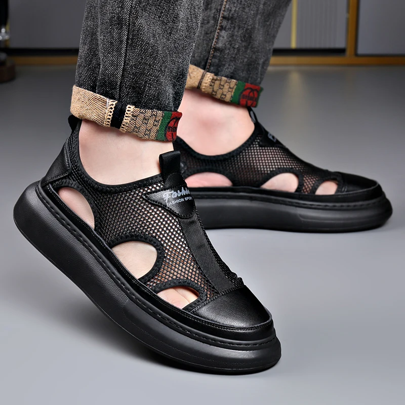 

Hollow men's breathable mesh shoes thick sole height increase one pedal sandals 2025 new breathable thin summer mesh designer