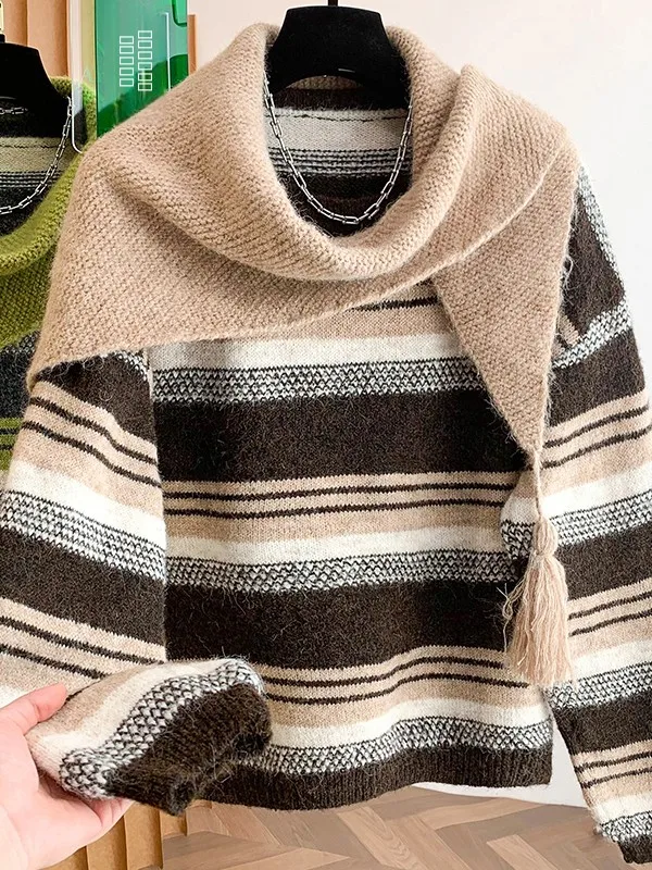 

Женский вязаный костюм большого размера: свитер и брюки в полоску, повседневный, в стиле лэйз-фэшн, из утолщенной ткани, для зимы