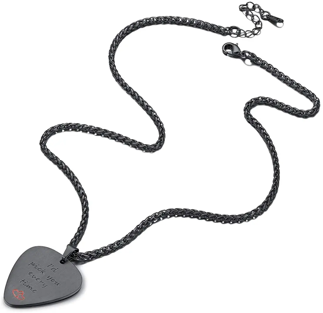 U7 Men Pendant with Chain Music Jewelry I\'d Pick You Every Time Engraved Stainless Steel Guitar Pick Necklace