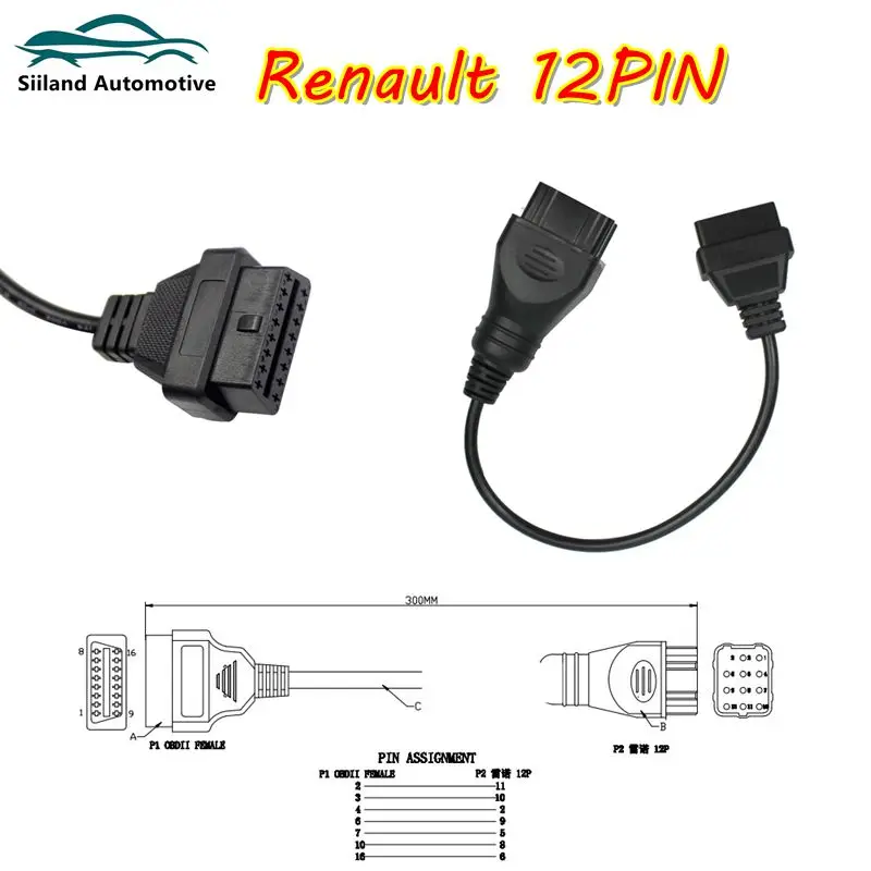 For Renault 12Pin Male to OBD2 OBDII for Renault 16Pin Female Car Diagnostic Tool Adapter Converter Cable Free Shipping