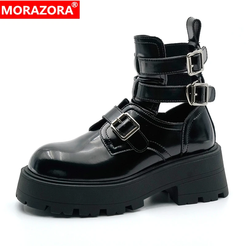 

MORAZORA 2024 New Cow Leather Ankle Boots Square Toe Buckle Punk Women's Motorcycle Boots Spring Summer Ladies Booties Shoes