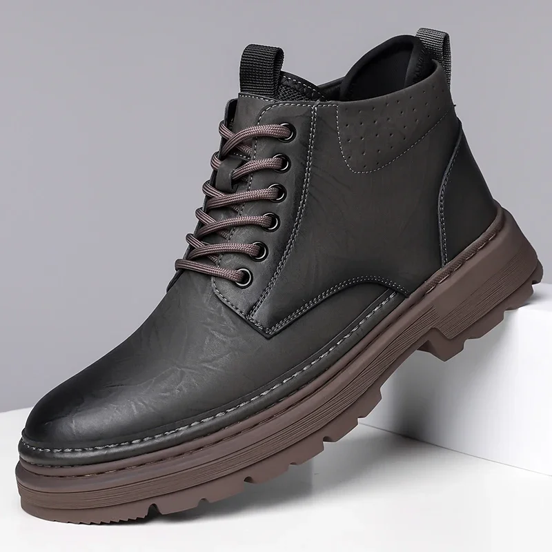 

New Men's Boots High Top Leather Shoes Genuine Leather Breathable High Quality Casual Shoes Retro Fashion Lace Up Work Men Shoes