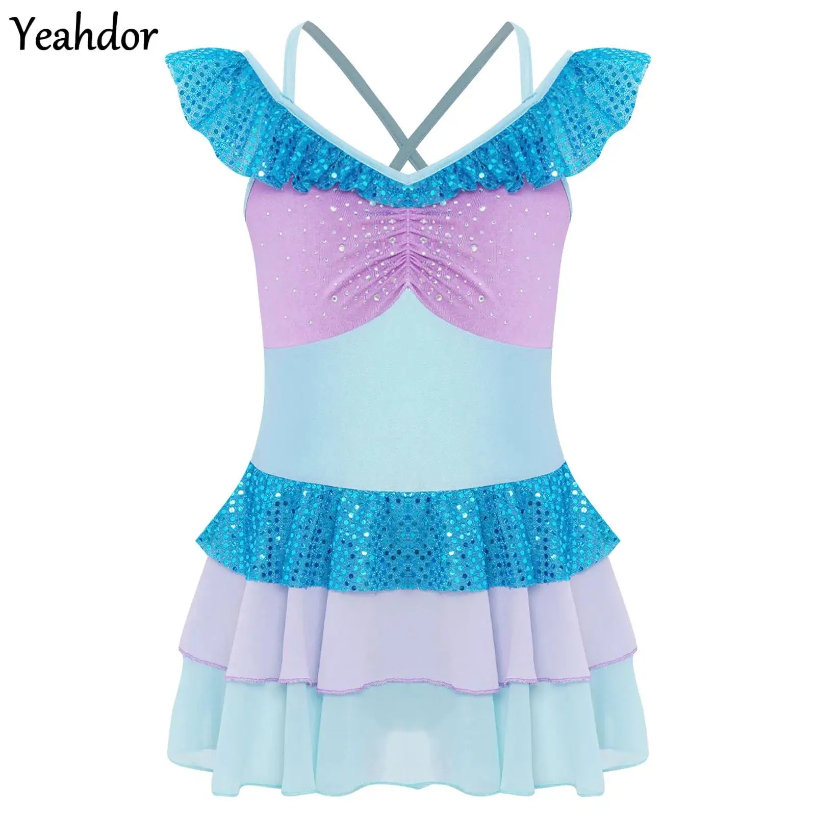 Meisjes Kunstschaatsen Jurk Glanzende Pailletten Gymnastiek Ballet Turnpakje Jurk Cross Terug Strass Kleurblok Gelaagde Ruches Jurk