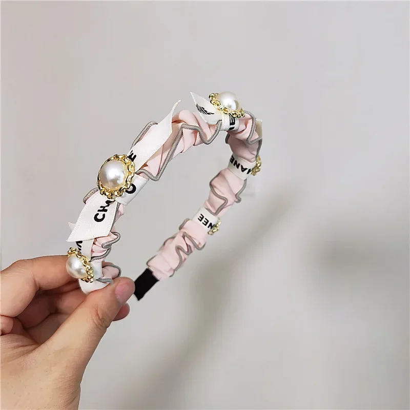 Korean New Pearl Hair Band Ribbon Fabric Pleated Headband bands for Girls Women's High-end  Clip Tide  Accessories