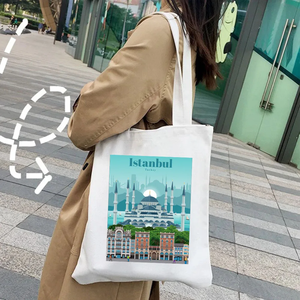 Istanbul Jerusalem Athens Bali Bangkok Barcelona Berlin Budapest Cairo Women\'s Canvas Shoulder Shopper Tote Bag Shopping Handbag