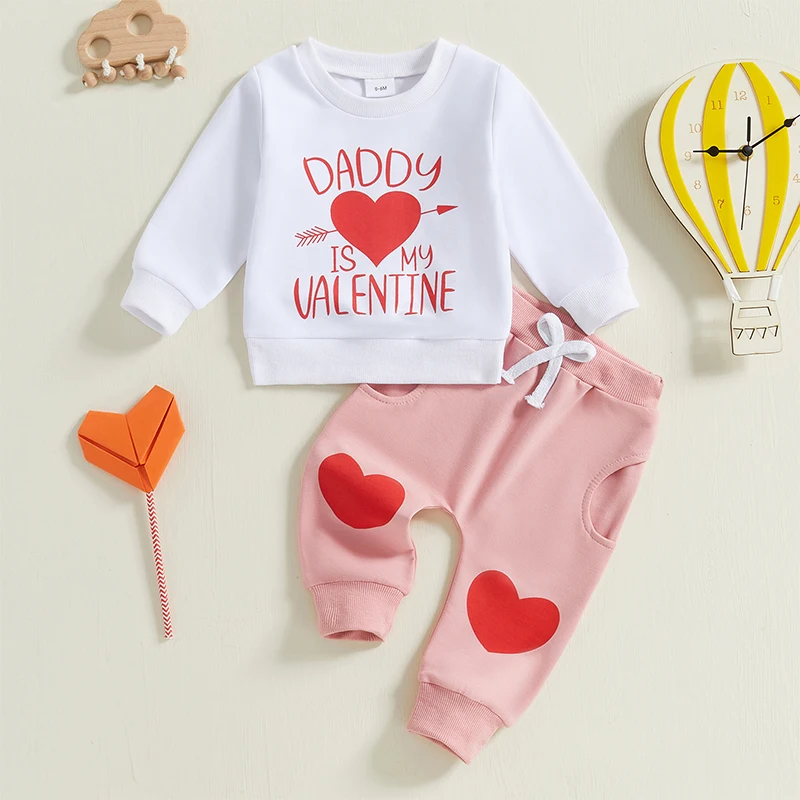 Toddler Girl Valentine's Day Outfits Letter Heart Print Long Sleeve Tops with Elastic Waist Long Pants Set