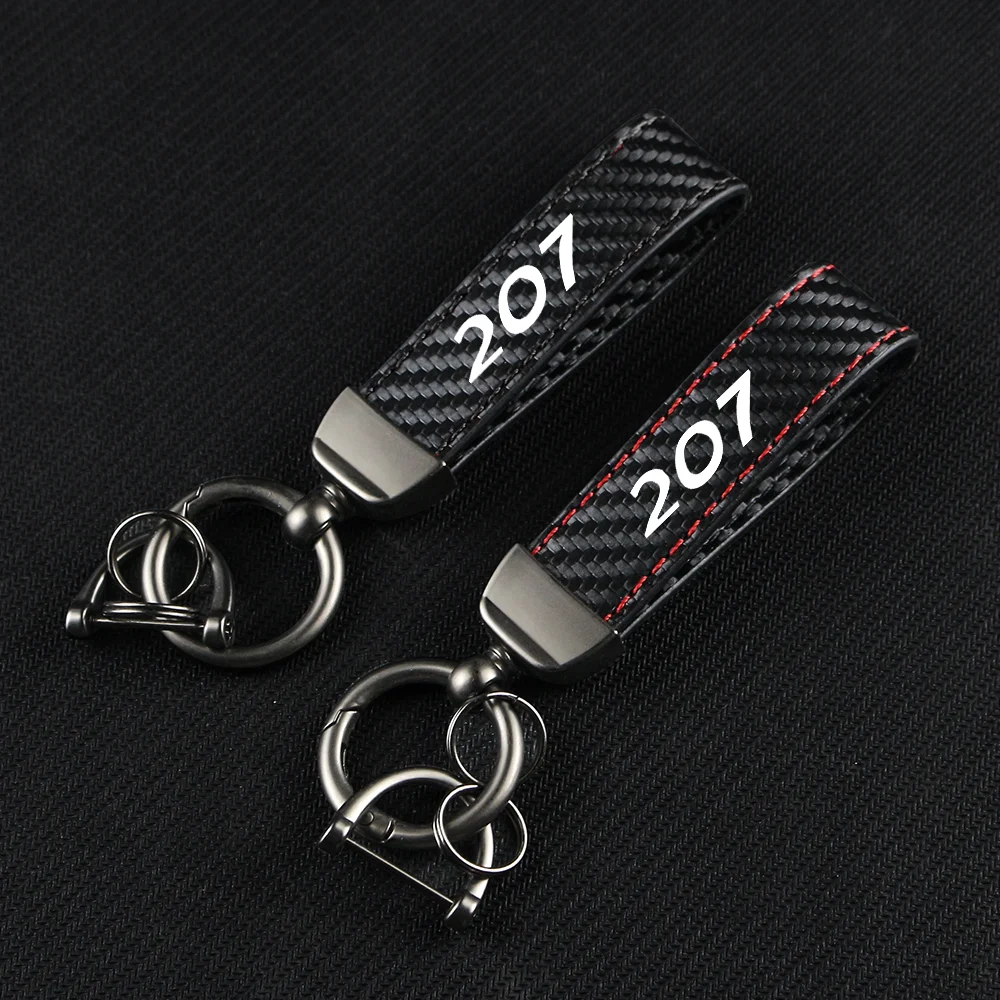 

Car Carbon Fiber Leather Rope Car Keychain Key Chain Pendant Keyring Horseshoe Buckle for 207 208 301 306 Auto Accessories