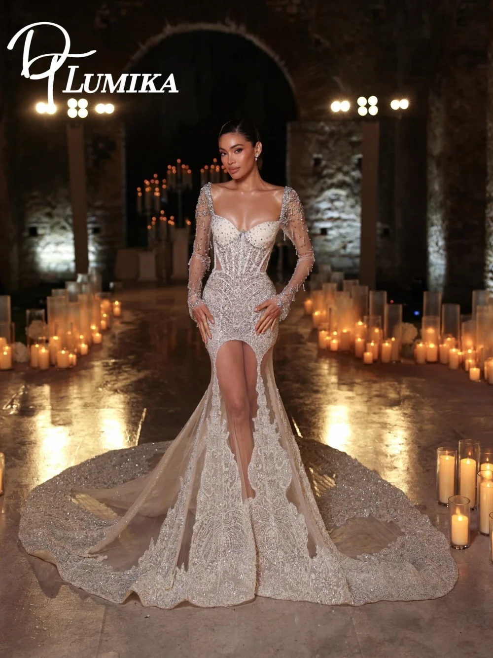 

Очаровательное свадебное платье-русалка с кристаллами и бисером 2026: романтичное, с вырезом «сердечко», длинными рукавами и высоким разрезом, Vestidos De Novi