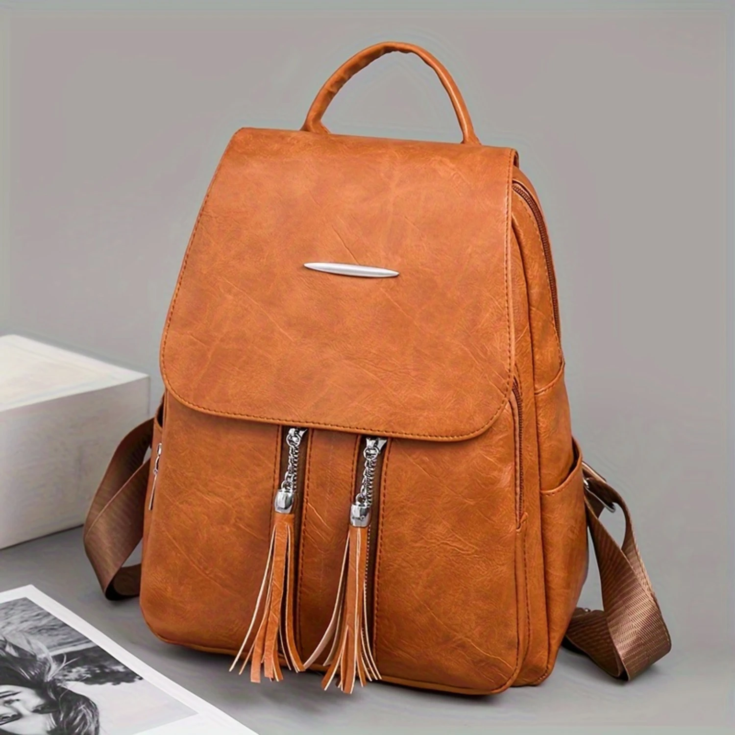 

1pc Fashion Casual Backpack, Soft PU Leather Large Capacity Tassel Backpack