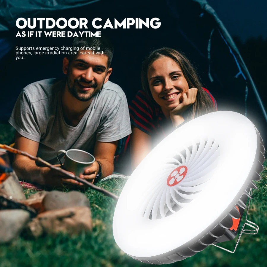 Multifuncional Camping Fan Light, carregamento solar e USB, portátil, teto sem fio, ventilador elétrico com Power Bank, Tripé de luz LED