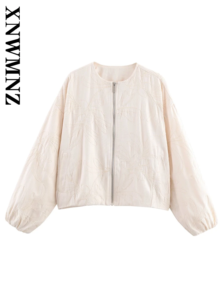 

XNWMNZ 2025 осеннее новое женское винтажное пальто с круглым воротником и длинными рукавами и вышивкой, повседневная женская куртка с цветочным принтом на молнии