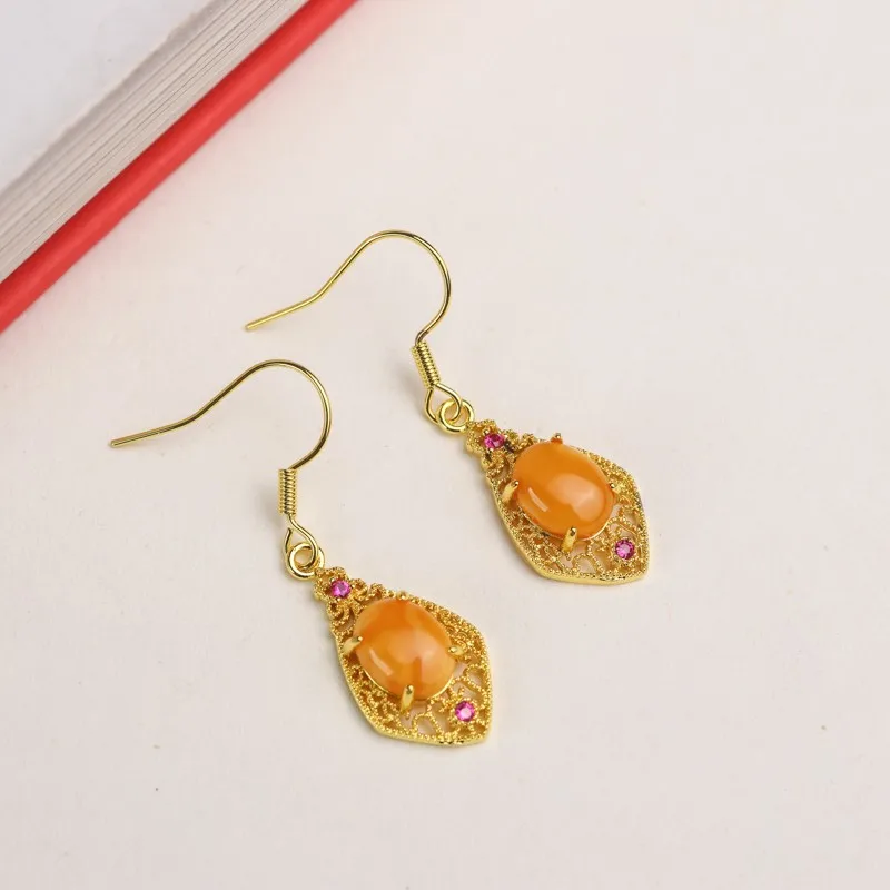 Natural Amber Earrings Women Healing Gemstone Fine Jewelry 100% Genuine Baltic Amber Ruby Dangle Earring Girlfriend Mom Gifts