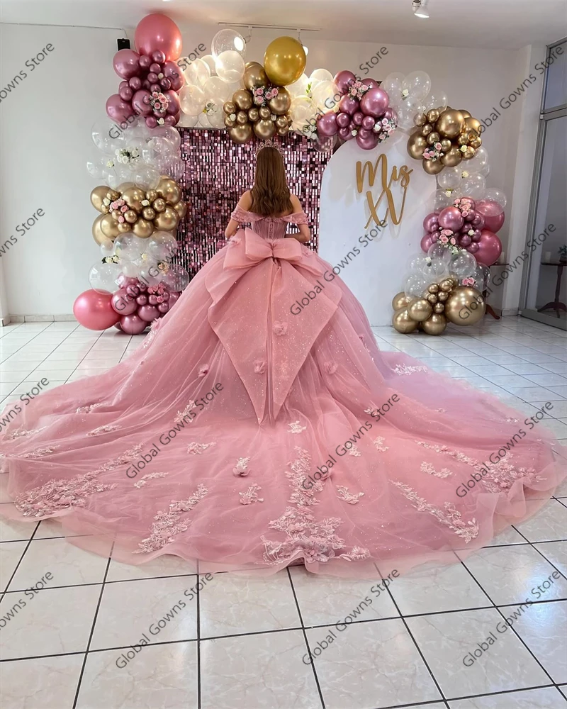 Mexico Pink Off The Shoulder Ball Gown Quinceanera Dresses For Girls Appliques Party Gowns 3D Flowers Bow Sweet 16 Robe De Bal